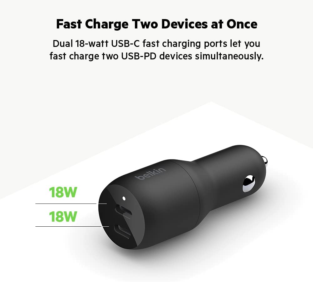 Belkin USB-C PD Car Charger 36W (Dual 18W USB-C Power Delivery Car Charger &amp; USB-C to USB-C Cable, USB Type-C Cable (3.3ft/1m, Black Dual USB-C Charger + Cable, 3.3ft/1m