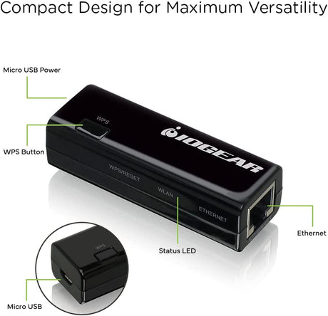 IOGEAR Universal Ethernet to Wi-Fi N Adapter - Speeds of up to 300Mbps on 2.4GHz - Push-button Wi-Fi Protected Setup (WPS) - Supports WEP, WPA, WPA2, TKIP and AES encryption - GWU637