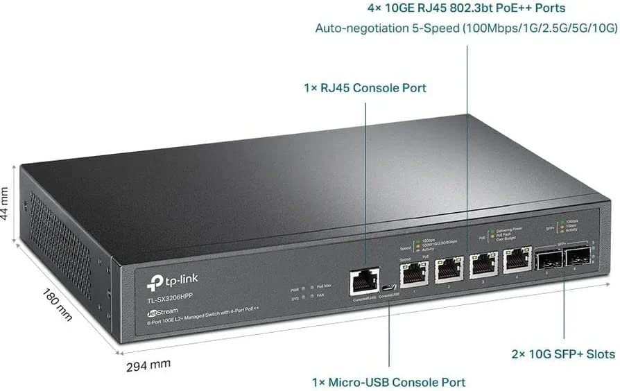 TP-Link TL-SX3206HPP | 6 Port 10G L2+ Managed PoE Switch | 4 PoE++ Port @200W, 2 x 10G SFP+ Slots | PoE Recovery | Omada SDN Integrated | IPv6 &amp; Static Routing | Limited Lifetime Protection