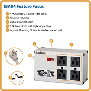 Tripp Lite Isobar 4 Outlet Surge Protector Power Strip, 6ft. Cord, Right Angle Plug, 3330 Joules, Metal, IBAR4-6D, Gray 4 Outlet Power Strip