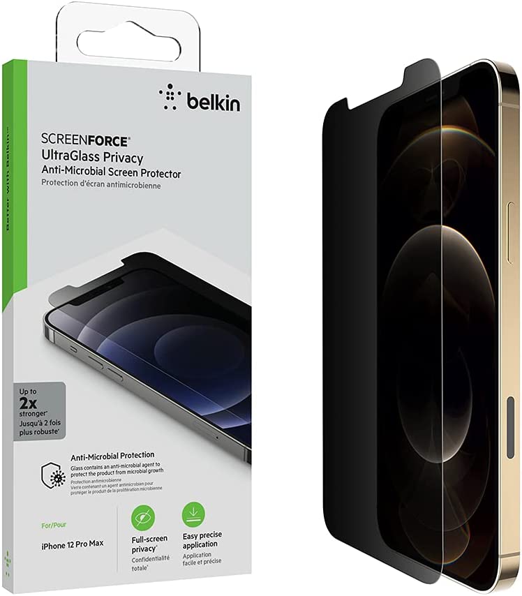 Belkin ScreenForce UltraGlass iPhone 12 Pro Max, Privacy Antimicrobial-Treated Screen Protector with Easy Align Tray for Bubble Free, Convenient Installation iPhone 12 Pro Max Privacy UltraGlass