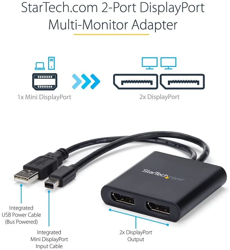 StarTech.com 2-Port Multi Monitor Adapter - Mini DisplayPort to 2x DisplayPort MST Hub - Dual 4K 30Hz - Video Splitter for Extended Desktop Mode on Windows PCs Only - mDP 1.2 to 2x DP (MSTMDP122DP)