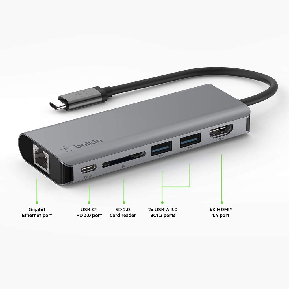 Belkin USB C Hub, 6-in-1MultiPortAdapter Dock with 4K HDMI, USB-C 100W PD Pass-Through Charging, 2 x USB A, Gigabit Ethernet Ports and SD Slot for MacBook Pro, Air, iPad Pro, XPS and More