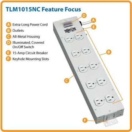 Tripp Lite 10 Outlet Home &amp; Office Power Strip, 15ft Cord with 5-15P Plug, Light Gray (TLM1015NC)