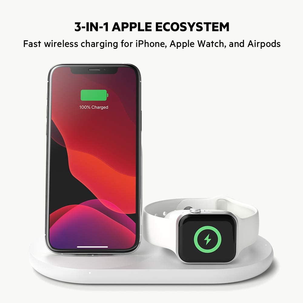 Belkin 3-in-1 Wireless Charger (Wireless Charging Station for iPhone, Apple Watch, AirPods) Wireless Charging Dock, iPhone Charging Dock, Apple Watch Charging Stand, White (WIZ001ttWH) White Charger