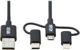 Tripp Lite 3 in 1 Multi Charging USB Cable, USB-A to Lightning, USB Micro B, and USB-C Universal All in One Charger Cable, Sync and Charge Cord, 6 ft. (M101-006-LMC-BK)