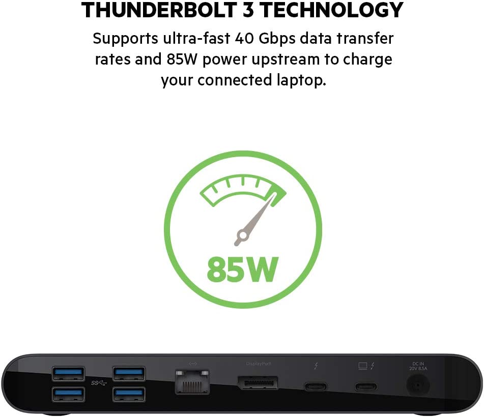 Belkin Thunderbolt 3 Dock Pro w/ 2.6ft Thunderbolt 3 Cable (Thunderbolt Dock for MacOS and Windows) Dual 4K @60Hz, 40Gbps Transfer Speeds, 85W Upstream Charging Thunderbolt Pro Cable