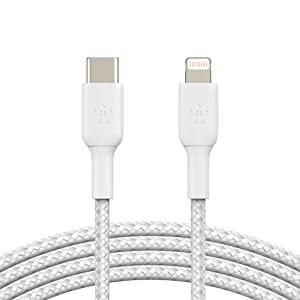 Belkin BoostCharge Nylon Braided USB C to Lightning Cable 6.6ft/2M - MFi Certified 18W Power Delivery iPhone Charger Cord - Apple Charger USB C Cable - Fast Charging for iPhone 14, iPhone 13 - White White 6.6 ft Braided USB C Cable