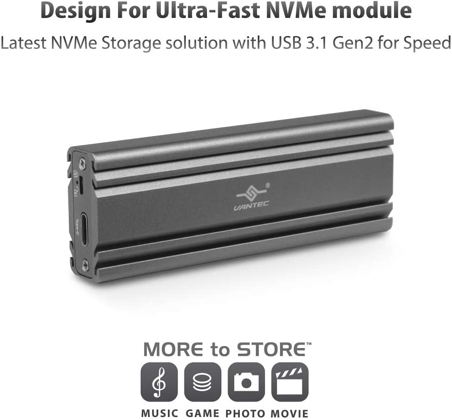 Vantec M.2 Nvme SSD to USB 3.1 Gen 2 Type C Enclosure with C to C Cable, Space Gray Color, ID6 (NST-206C3-SG)