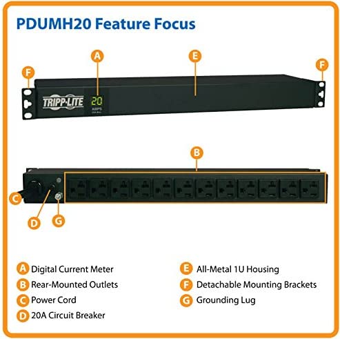 Tripp Lite Metered PDU, 20A, 12 Outlets (5-15/20R), 120V, L5-20P / 5-20P, 110-127V Input, 15 ft. Cord, 1U Rack-Mount Power, 2 Year Warranty (PDUMH20) black Metered (15 ft. Cord) PDU