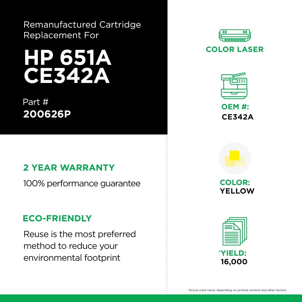 Clover imaging group Clover Remanufactured Toner Cartridge Replacement for HP CE342A (HP 651A) | Yellow Yellow 16,000