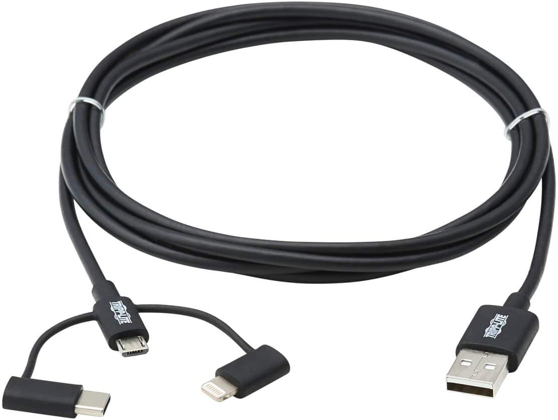 Tripp Lite 3 in 1 Multi Charging USB Cable, USB-A to Lightning, USB Micro B, and USB-C Universal All in One Charger Cable, Sync and Charge Cord, 6 ft. (M101-006-LMC-BK)