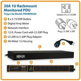 Tripp Lite 1.9kW Single-Phase Monitored PDU, 120V Outlets (8 5-15/20R), L5-20P/5-20P Adapter, 12 ft. Cord, 1U Rack-Mount, LX Platform Interface, TAA (PDUMNH20)