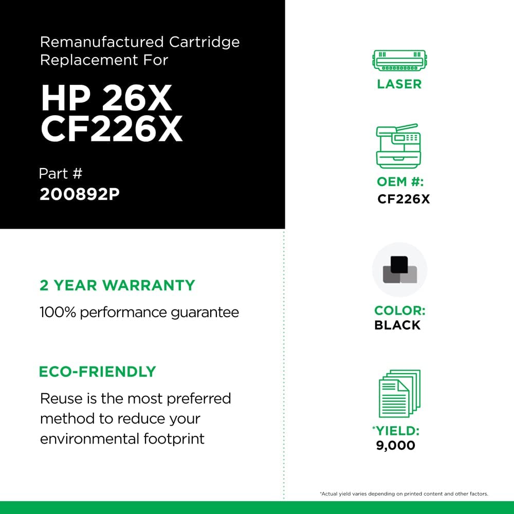 Clover imaging group Clover Remanufactured Toner Cartridge Replacement for HP CF226X (HP 26X) | Black | High Yield Page Yield: 9000 Black