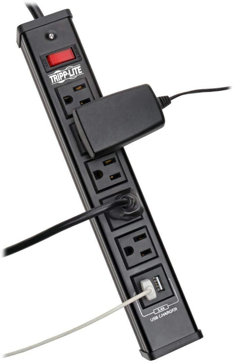 Tripp Lite 5 Outlet Surge Protector Power Strip, 6ft Cord, 450 Joules, 2 USB Charging Ports, Led, $10K Insurance (TLM526USBB), 14.25in. X 4.75in. X 2.00in,Black