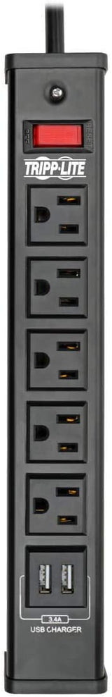 Tripp Lite 5 Outlet Surge Protector Power Strip, 6ft Cord, 450 Joules, 2 USB Charging Ports, Led, $10K Insurance (TLM526USBB), 14.25in. X 4.75in. X 2.00in,Black