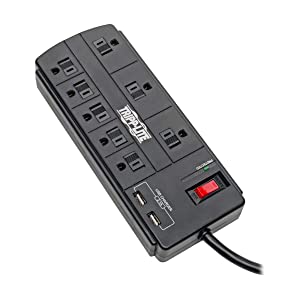 Tripp Lite Surge Protector with USB Charging, 8 Outlet Surge Protector Power Strip, 2 USB Charge Ports, 8ft Cord, 1200 Joules, Black (TLP88USBB) 8 Outlets + 2 USB Ports Surge Protector