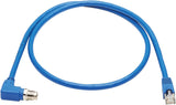 Tripp Lite M12 X-Code Cat6a Shielded Ethernet Cable, Right-Angle M12/RJ45 Cable, 10G F/UTP CMR-LP (M/M), IP68, 60W Power Over Ethernet, Blue, 3.3 Feet / 1 Meter, (NM12-6A4-01M-BL) Right-Angle M12 to RJ45 3.3 ft / 1M