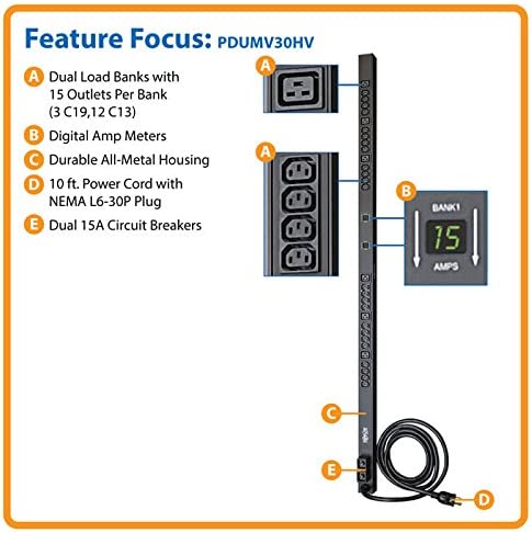 Tripp Lite Metered PDU, 30A, 30 Outlets (6-C19 &amp; 24-C13), 208/240V, L6-30P, 10 ft. Cord, 0U Vertical Rack-Mount Power (PDUMV30HV) Metered (30 Outlet)
