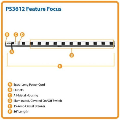 Tripp Lite 12 Outlet Bench &amp; Cabinet Power Strip, 36 in. Length, 15ft Cord with 5-15P Plug (PS3612),Black 15A + 15 ft. Cord Outlet