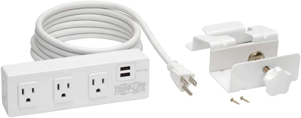 Tripp Lite Surge Protector Power Strip 3-Outlet with 2-Port USB Charging Ports, Desk Clamp, White 510 Joules (TLP310USBCW)