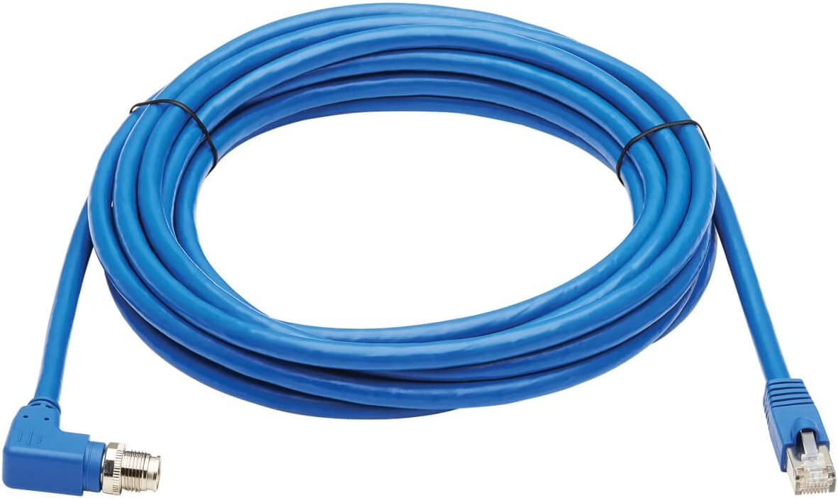 Tripp Lite M12 X-Code Cat6a Shielded Ethernet Cable, Right-Angle M12/RJ45 Cable, 10G F/UTP CMR-LP (M/M), IP68, 60W Power Over Ethernet, Blue, 9.8 Feet / 3 Meters, (NM12-6A4-03M-BL) Right-Angle M12 to RJ45 9.8 ft / 3M