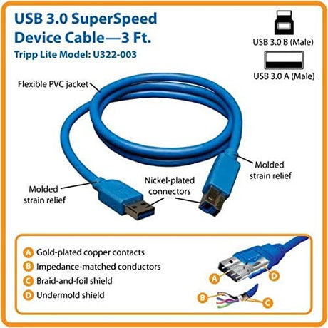 Tripp Lite USB 3.0 SuperSpeed Device Cable (AB M/M) 3-ft.(U322-003)