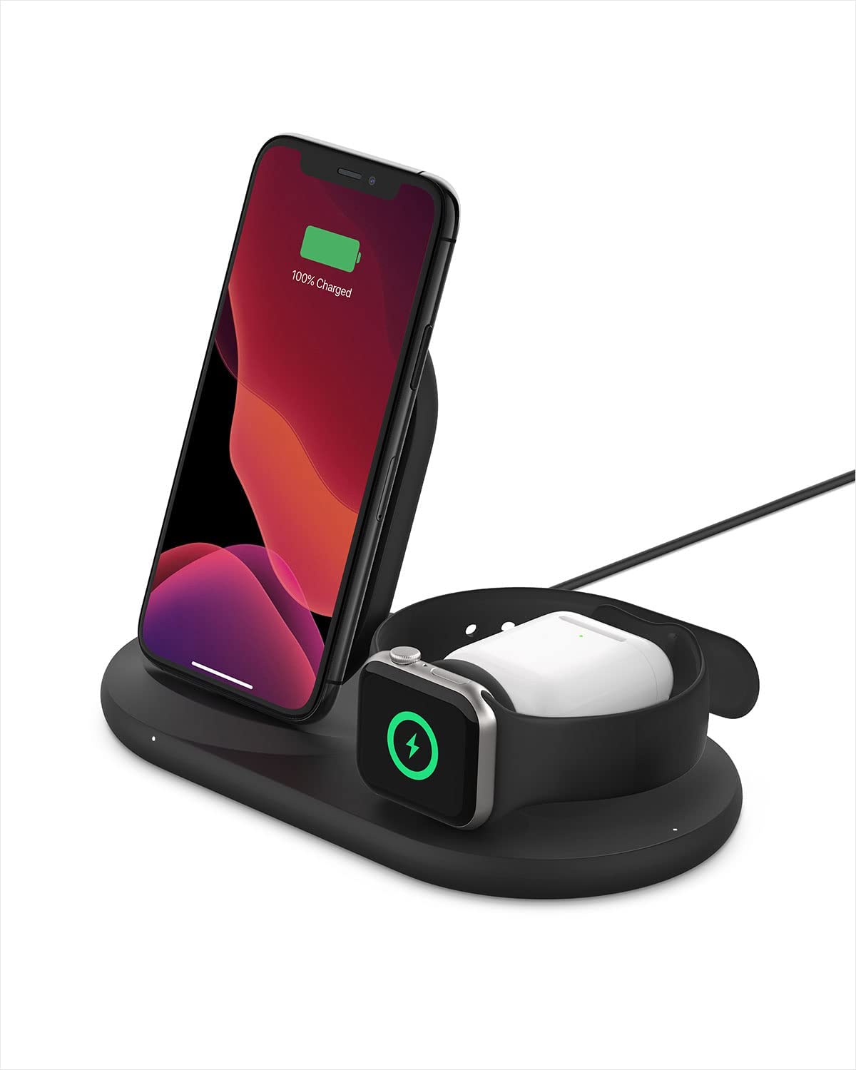 Belkin 3-in-1 Wireless Charger - Fast Wireless Charging Stand for Apple iPhone, Apple Watch &amp; AirPods - iPhone Case Compatible Qi Charger - Wireless Charging Station For Multiple Devices - Black Black Charger