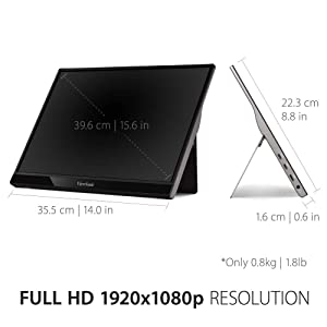 ViewSonic 15.6 Inch 1080p Portable Monitor with 2 Way Powered 60W USB C, IPS, Eye Care, Dual Speakers, Built in Stand with Cover (VG1655) 15.6 Inch Premium