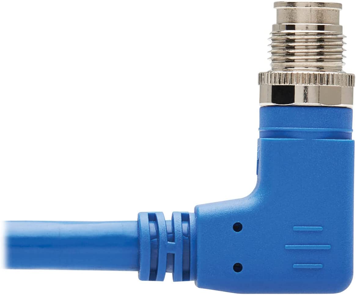 Tripp Lite M12 X-Code Cat6a Shielded Ethernet Cable, Right-Angle M12/RJ45 Cable, 10G F/UTP CMR-LP (M/M), IP68, 60W Power Over Ethernet, Blue, 3.3 Feet / 1 Meter, (NM12-6A4-01M-BL) Right-Angle M12 to RJ45 3.3 ft / 1M