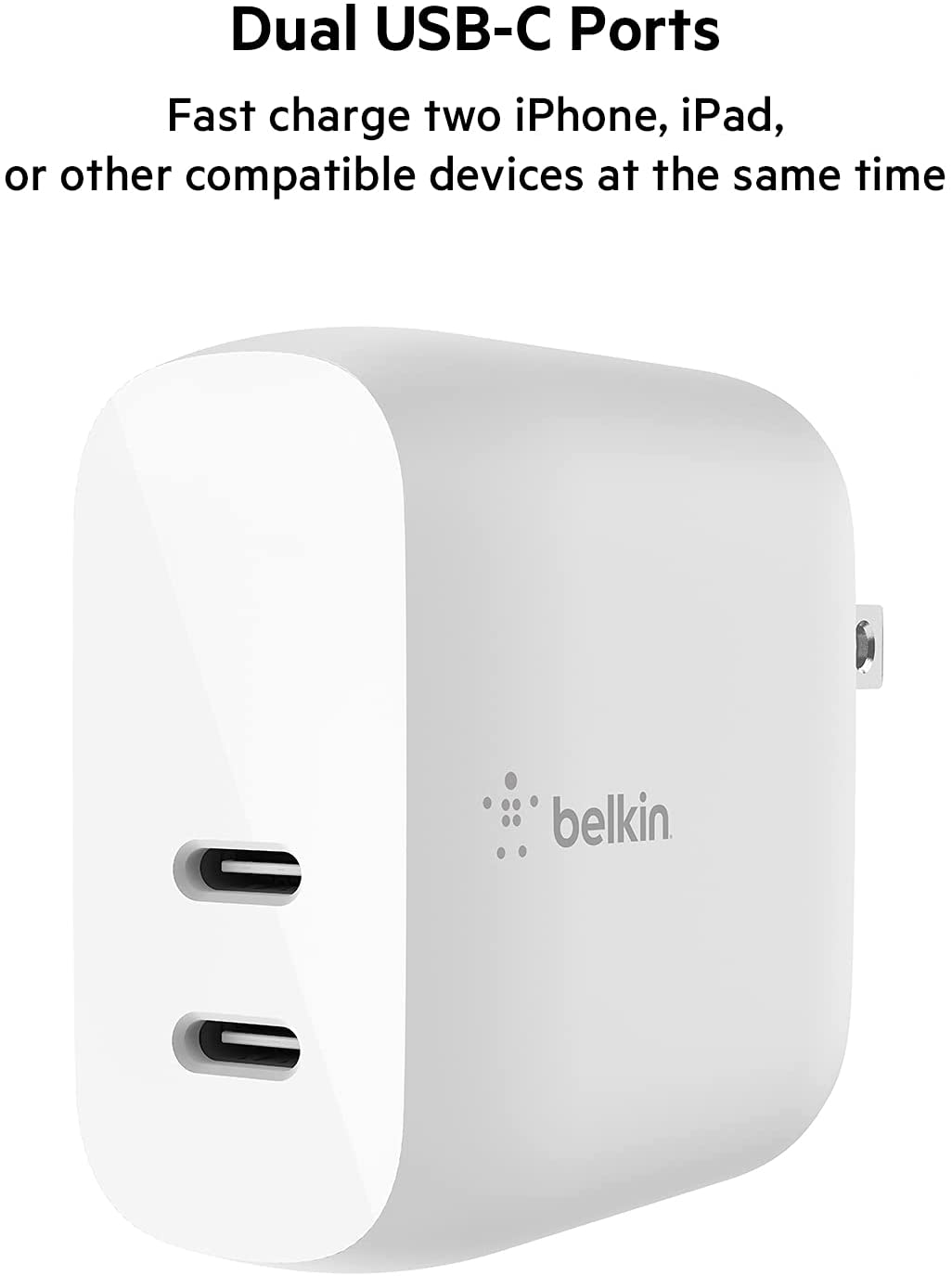 Belkin 40W USB-C PD Wall Charger, Dual USB-C Ports for 20W Per Port Fast Power Delivery Enabled Charging for iPhone 13, 13 Pro, 13 Pro Max, 12, 12 Pro, 12 Pro Max, Mini, iPad Pro, Galaxy, and More