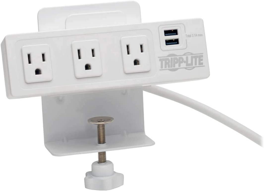 Tripp Lite Surge Protector Power Strip 3-Outlet with 2-Port USB Charging Ports, Desk Clamp, White 510 Joules (TLP310USBCW)