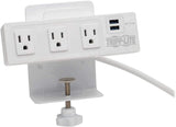 Tripp Lite Surge Protector Power Strip 3-Outlet with 2-Port USB Charging Ports, Desk Clamp, White 510 Joules (TLP310USBCW)