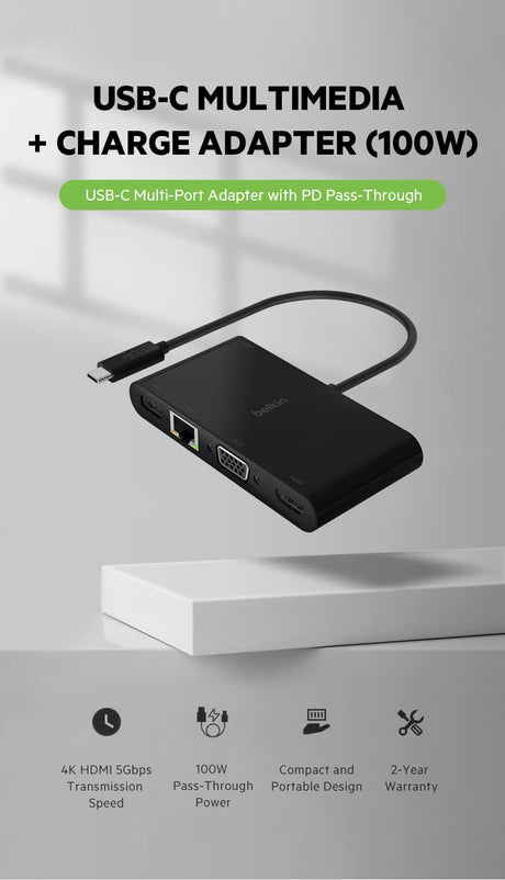 Belkin USB C Hub, 5-in-1 MultiPort Docking Station - USB C Docking Station for iPad, iPad Pro, iPad Mini &amp; MacBook - 1000W USB-C Power Delivery Gigabit Ethernet, USB-A 3.0, VGA, 4K HDMI &amp; USB-C USB-C Multimedia Adapter + 100W Charge Adapter