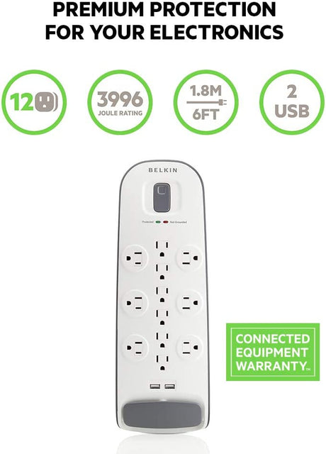 Belkin USB Power Strip Surge Protector - 12 AC Multiple Outlets &amp; 2 USB Ports - 6 ft Long Flat Plug Extension Cord for Home, Office, Travel, Computer Desktop &amp; Charging Brick - White (3,996 Joules) 1 Pack Power Strip