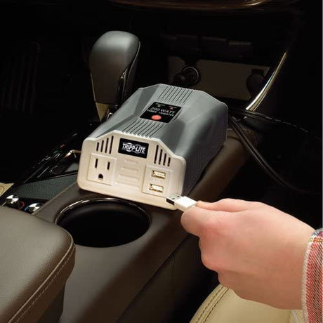 Tripp Lite 200W Car Power Inverter with 1 Outlet &amp; 2 USB Charging Ports, Auto Inverter, (PV200USB), Gray