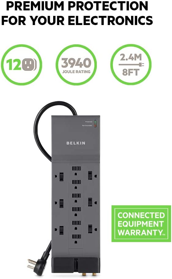 Belkin Power Strip Surge Protector - 12 AC Multiple Outlets &amp; 8 ft Long Flat Plug Heavy Duty Extension Cord for Home, Office, Travel, Computer Desktop, Laptop &amp; Phone Charging Brick (3,940 Joules) 1 Pack