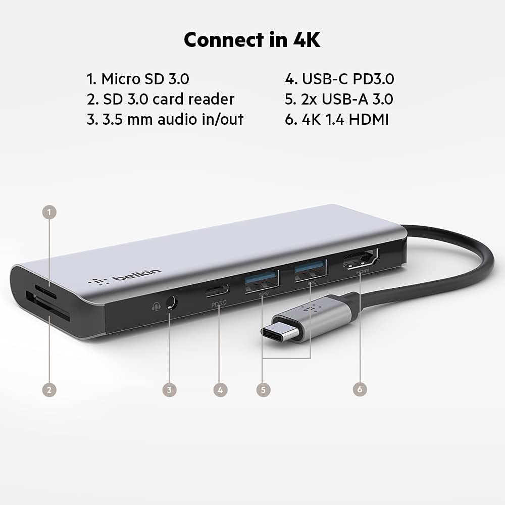 Belkin USB C Hub, 7-in-1 MultiPort Docking Station - USB C Docking Station for MacBook &amp; Windows - 85W USB-C Power Delivery 3.0, 4K HDMI 1.4, 2x USB-A 3.0, SD 3.0, Micro SD 3.0, &amp; 3.5mm Audio Jack 7-in-1 USB-C Hub Adapter Dock