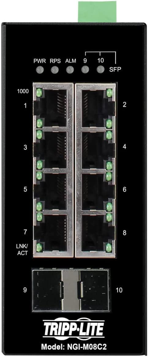 Tripp Lite Industrial 8-Port Managed Gigabit Ethernet Switch, 2 SFP GbE Slots, 10/100/1000 Megabit RJ45 Ports, -40° to 167°F Temperature Range, 3-Year Manufacturer's Warranty (NGI-M08C2) Managed 8-Port 2 SFP Slots