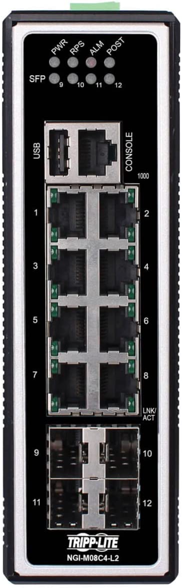 Tripp Lite Industrial 8-Port Managed Gigabit Ethernet Switch, 4 SFP GbE Slots, 10/100/1000 Megabit RJ45 Ports, -40° to 167°F Temperature Range, 3-Year Manufacturer's Warranty (NGI-M08C4-L2)