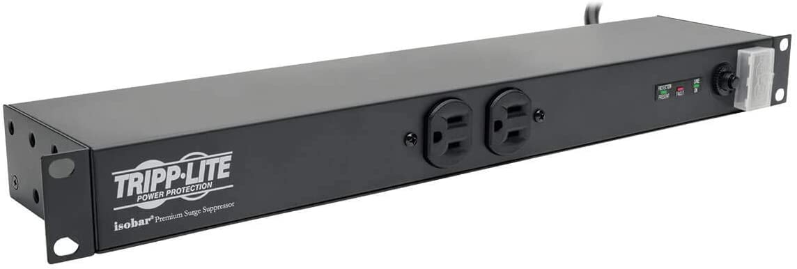 Tripp Lite 12 Outlet Isobar Rackmount PDU, 15A Surge Protected Power Strip, 15ft Cord, 5-15P, &amp; $25K INSURANCE (ISOBAR12ULTRA), Grey 15A + Isobar Surge Protection Single