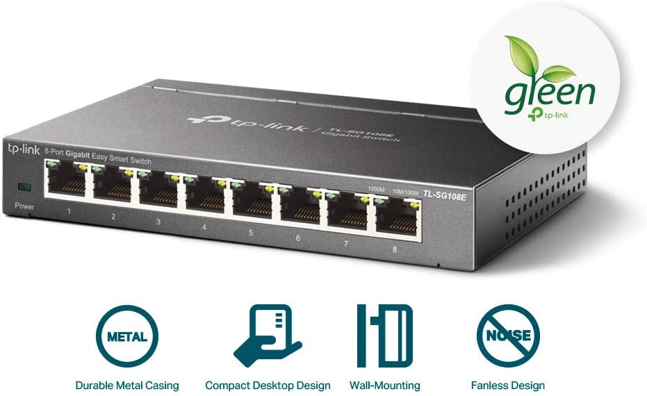 TP-Link 8 Port Gigabit Switch | Easy Smart Managed | Plug &amp; Play | Limited Lifetime Protection | Desktop/Wall-Mount | Sturdy Metal w/ Shielded Ports | Support QoS, Vlan, IGMP and LAG (TL-SG108E) 8 Port w/ Enhanced Features