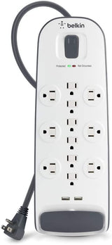 Belkin USB Power Strip Surge Protector - 12 AC Multiple Outlets &amp; 2 USB Ports - 6 ft Long Flat Plug Extension Cord for Home, Office, Travel, Computer Desktop &amp; Charging Brick - White (3,996 Joules) 1 Pack Power Strip