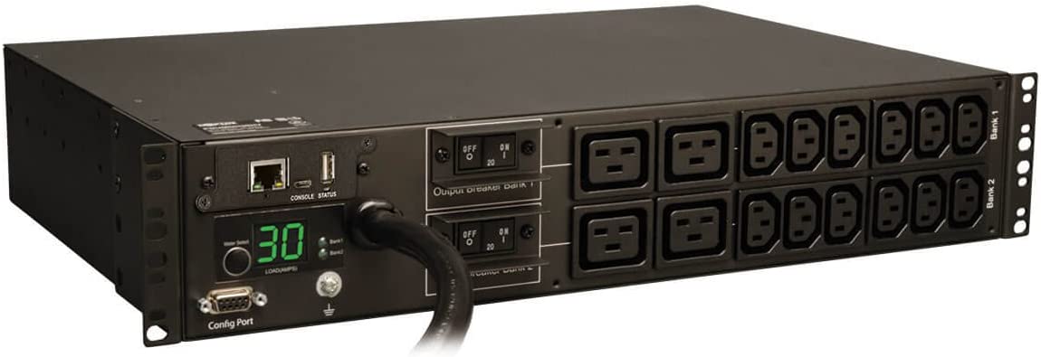 Tripp Lite Monitored PDU, 30A, 16 Outlets (12-C13 and 4-C19), 208/240V, L6-30P, 12 ft. Cord, 2U Rack-Mount Power (PDUMNH30HV),Black Monitored Outlet