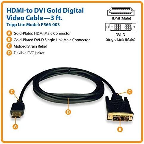 Tripp Lite HDMI to DVI Cable, Digital Monitor Adapter Cable (HDMI to DVI-D M/M) 3-ft.(P566-003) 3-feet