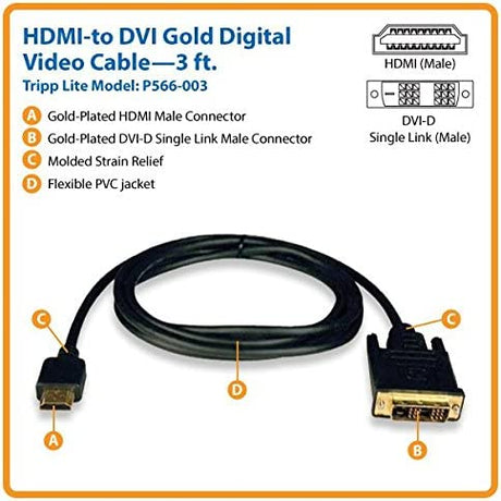 Tripp Lite HDMI to DVI Cable, Digital Monitor Adapter Cable (HDMI to DVI-D M/M) 3-ft.(P566-003) 3-feet