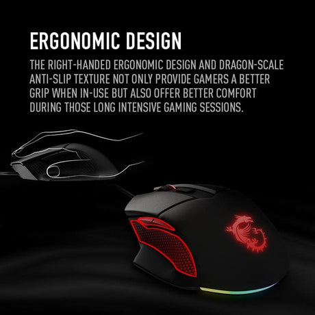 MSI Clutch GM20 Elite Gaming Mouse, 6400 DPI, 20M+ Clicks OMRON Switch, Optical Sensor, Adjustable Weights, Ergonomic Right Hand Design, RGB Mystic Light