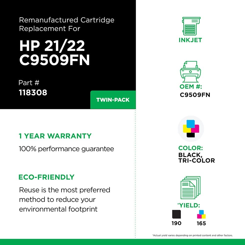 Clover imaging group Clover Remanufactured Ink Cartridges Replacement for HP C9509FN (HP 21/22) | Black &amp; Tri-Color 2 Pack
