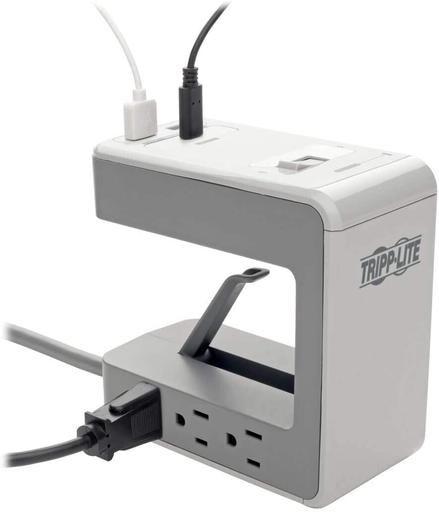 TRIPP LITE Protect It! 6-Outlet Surge Protector Desk Clamp with 2 USB Ports &amp; 1 USB-C Port, 8ft Cord (TLP648USBC) Gray 5.2" x 2.7" x 5.3" Desk Clamp