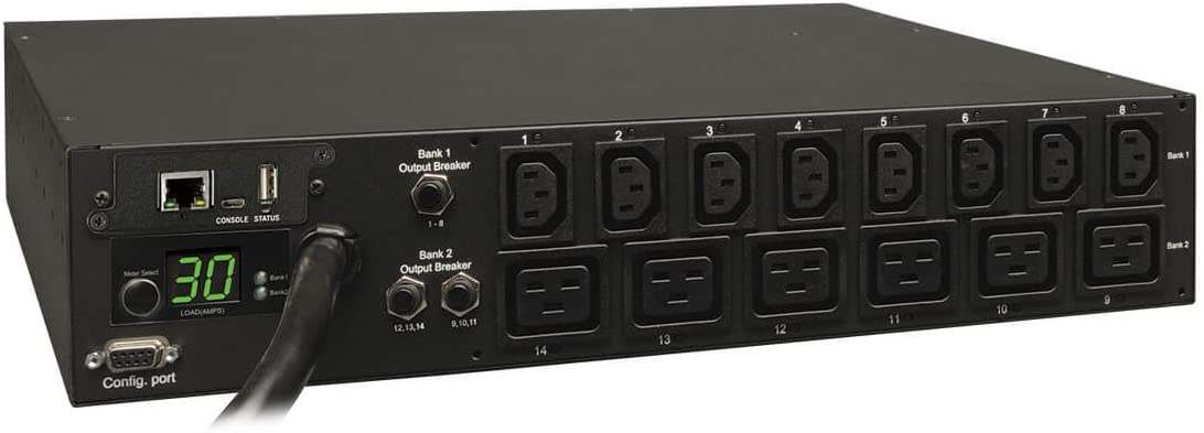 Tripp Lite 5.8kW Single-Phase Switched PDU with LX Platform Interface, 208/240V Outlets (8 C13 &amp; 6 C19), L6-30P input, 15ft Cord, 2U Rack-Mount, TAA (PDUMH30HV19NET),Black Switched (14 Outlet) Outlet